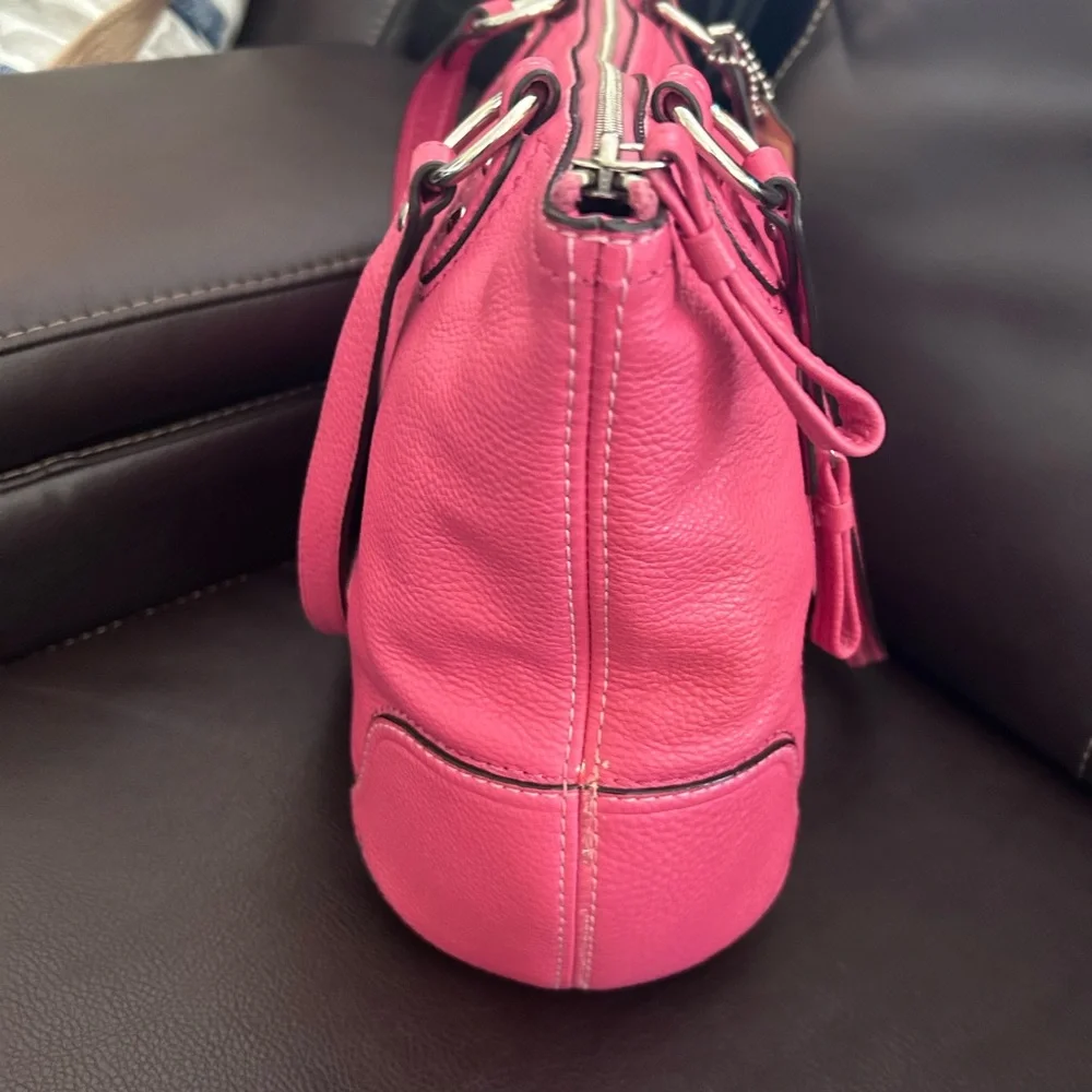 Coach Poppy Rose Pink Pebbled Leather Double Handle Handbag Tote 14" - Picture 6 of 9